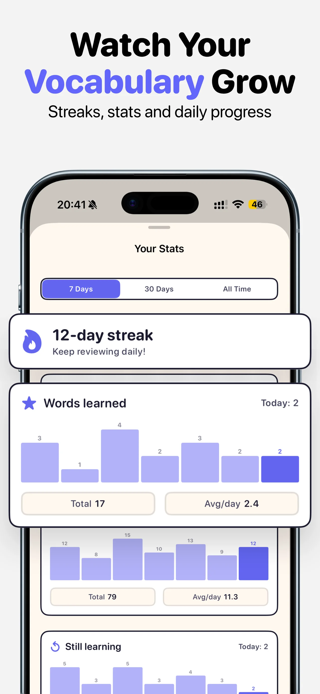 Watch your vocabulary grow — streaks, stats, daily progress